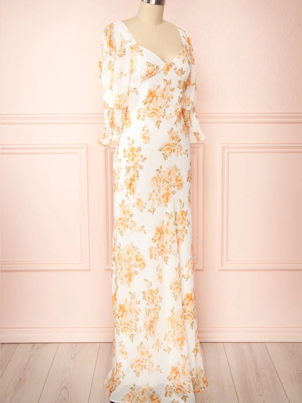 Yellow Maxi Floral Puffed Sleeves Cutout Open Back Cottagecore - Picture 3 of 6